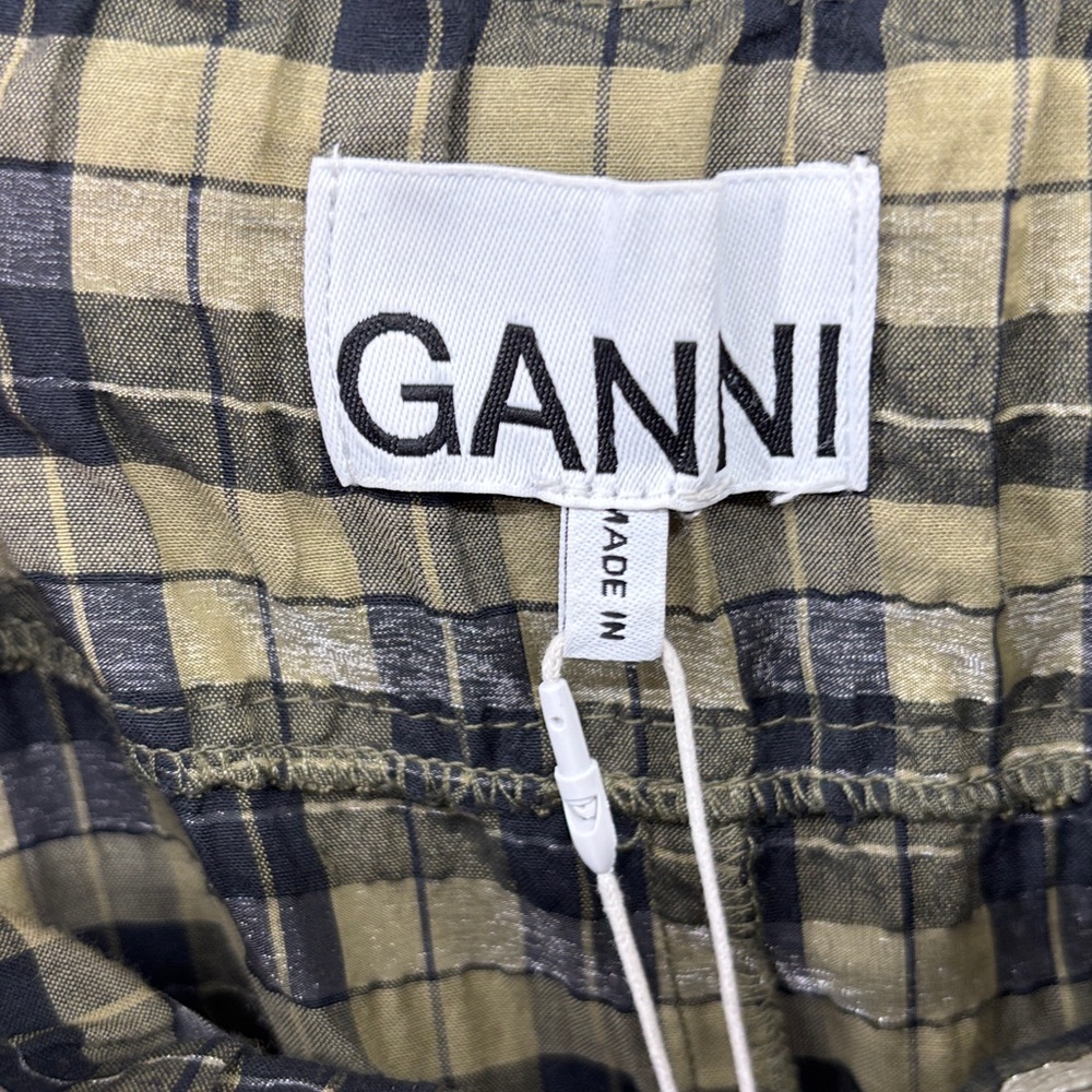 NWT--Ganni Plaid Wide Leg Seersucker Pants in Olive Green & Black Size 34=XS=US2 - Picture 5 of 11